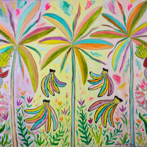 Banana Bunches Art Print Oil Painting tropical trees whimsical colorful decor - Picture 9 of 9